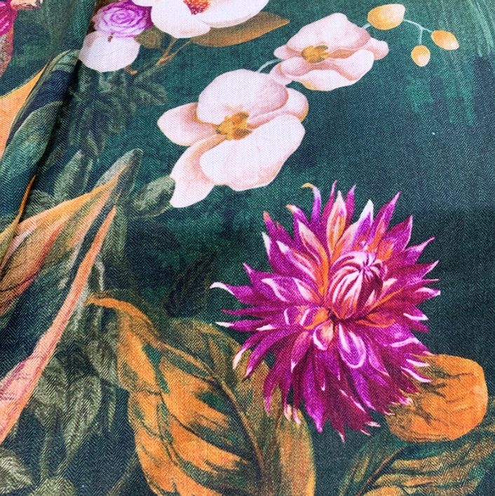 75% Cashmere 25% Silk Bandana Wrap Green forest Print Double Face Scarf 53'' new