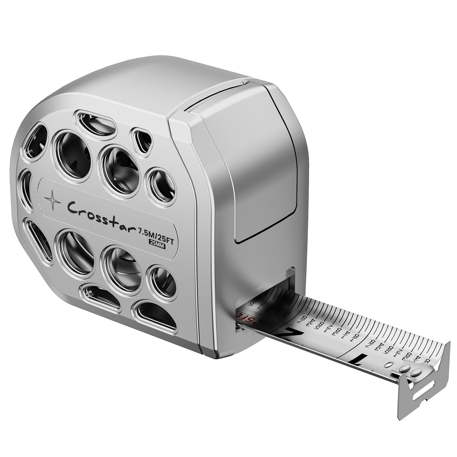 Crosstar 25FT Magnetic Self-Locking Stainless Steel Tape 7.6 m, sliver