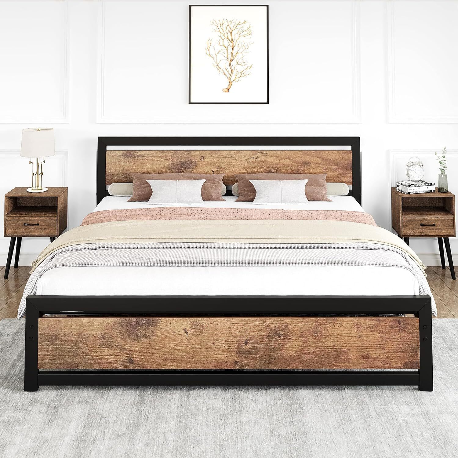 Full Size Bed Frame Wooden Headboard Metal Platform Bed Frame Bedroom Industrial