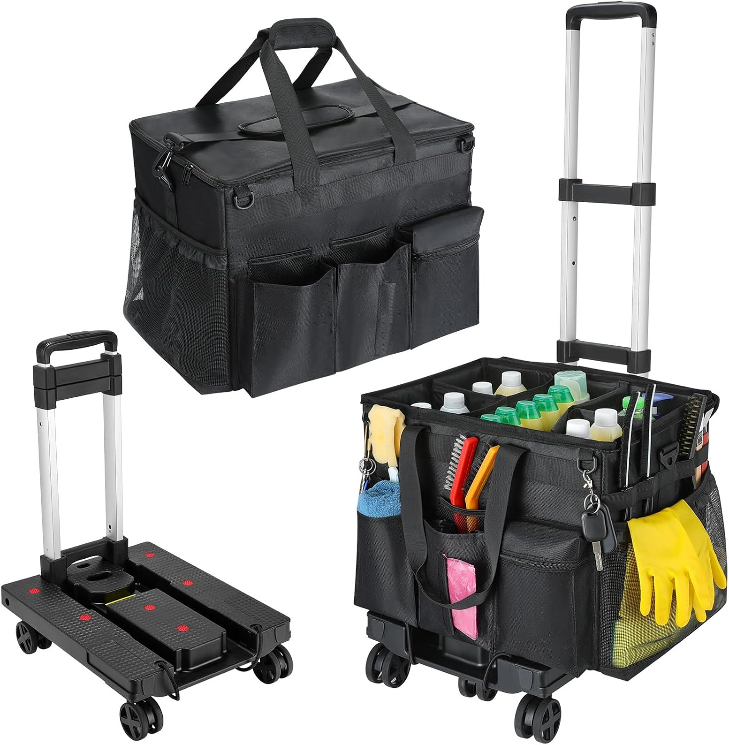 Extra Large Rolling Cleaning Caddy Bag with Trolley & 360° Wheels, Black
