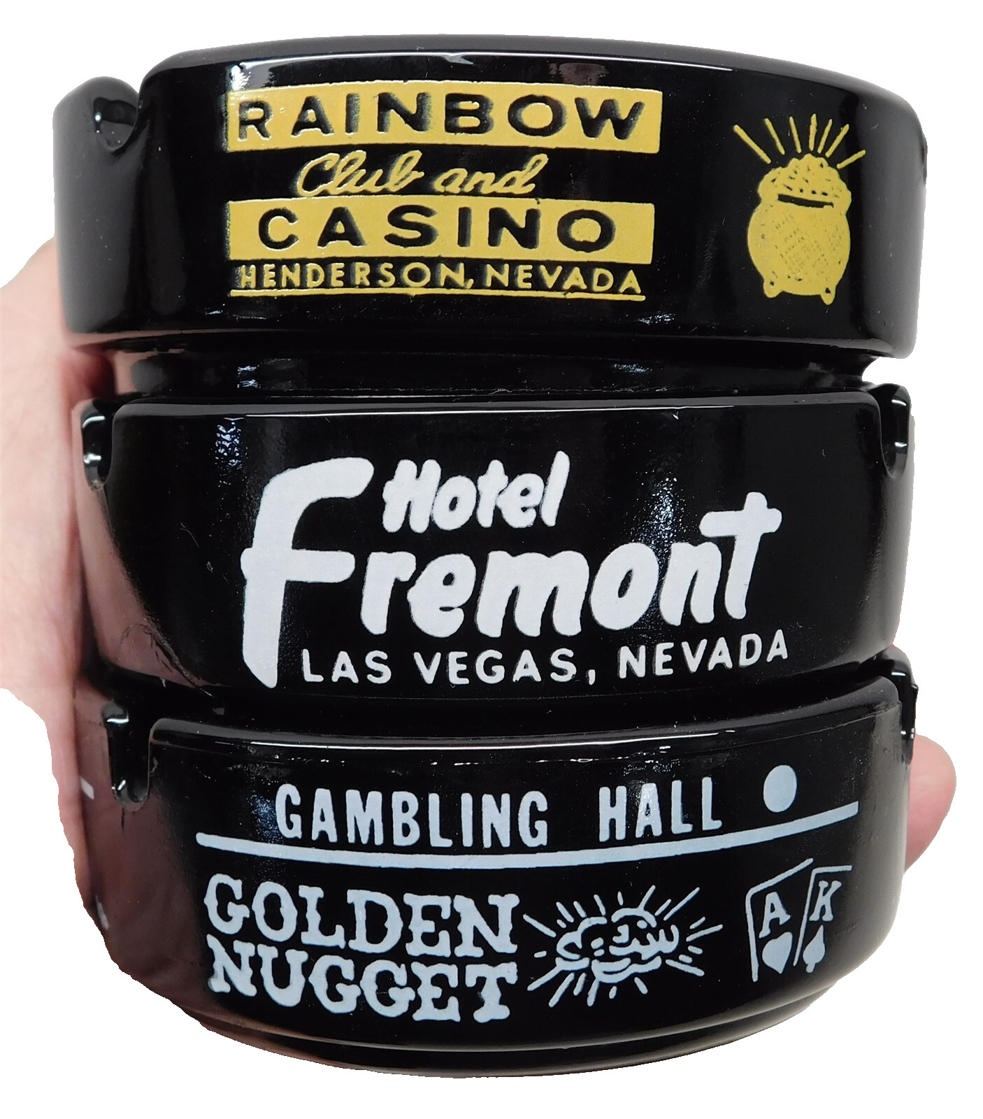 3 Vtg Fremont Rainbow Club Golden Nugget Casino Glass Ashtrays Las Vegas Gp-E