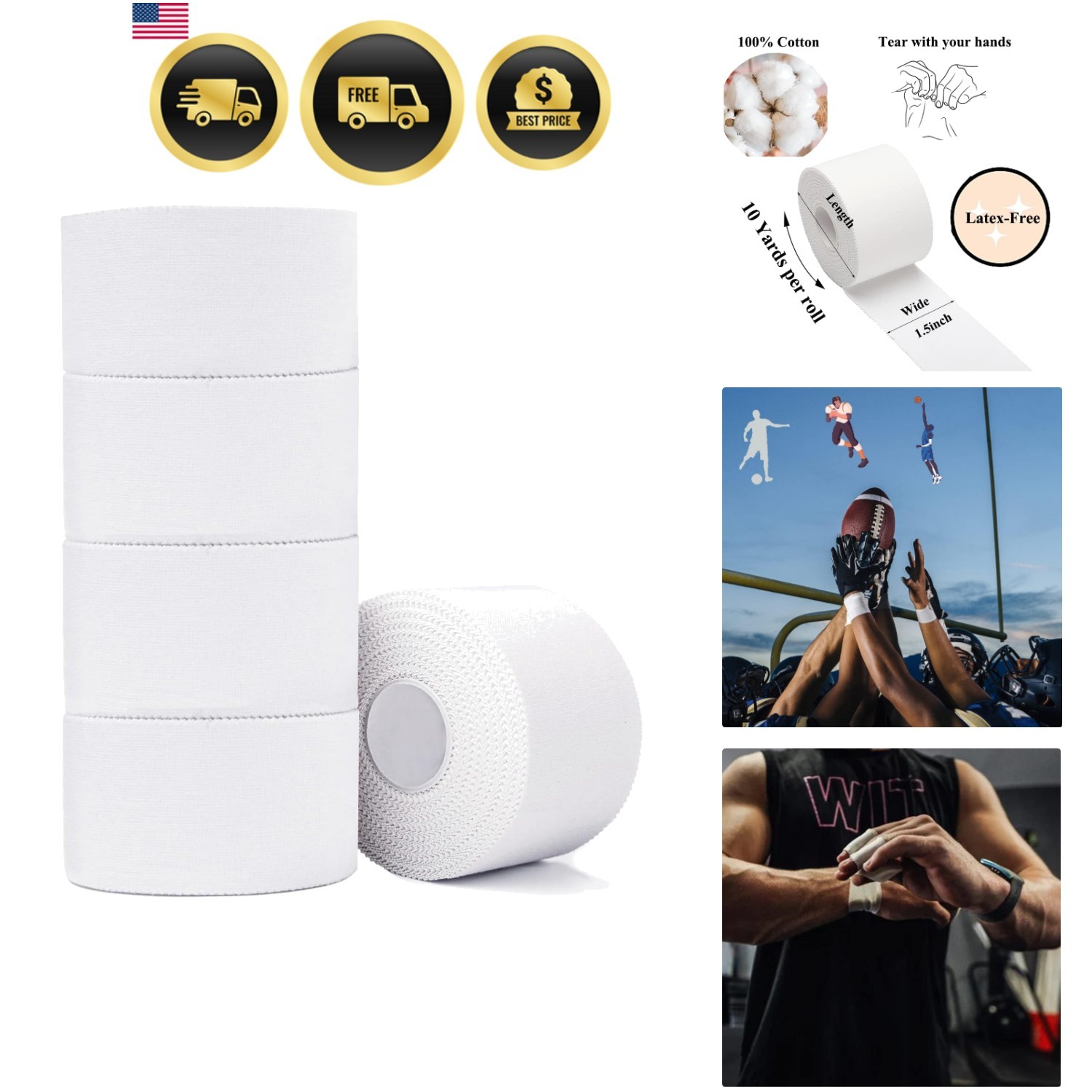 Athletic Tape,5 Pack White Sports Tape,Very Strong No Sticky Residue Wrist An...