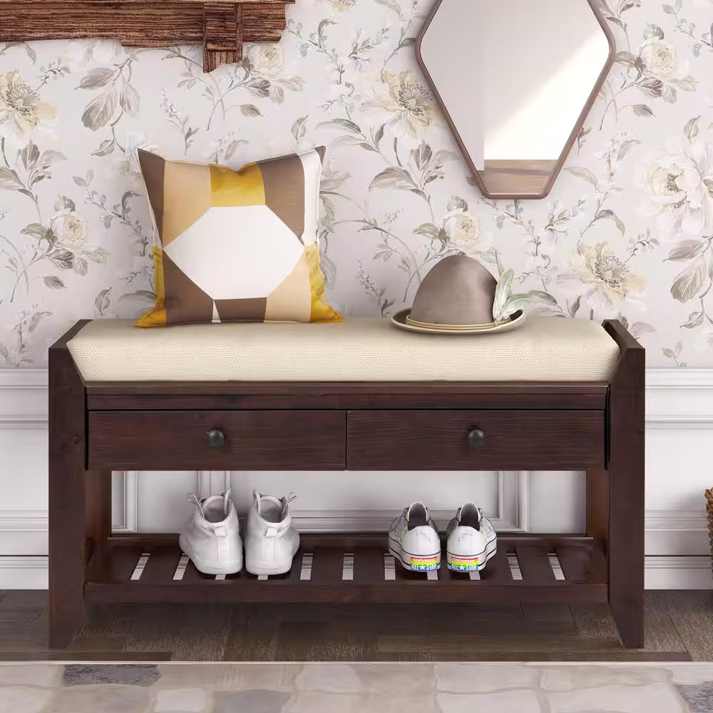 Espresso Cushioned Entryway Bedroom Bench with Drawers (39.00 In. W X 14 In. D X