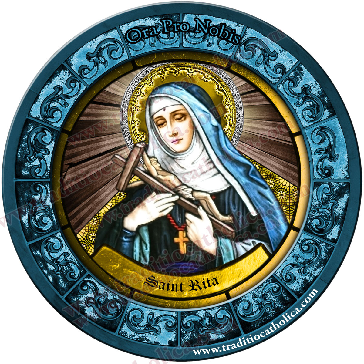 Saint St. Rita, patron of wounds Stained Glass round 4 inch refrigerator magnet.