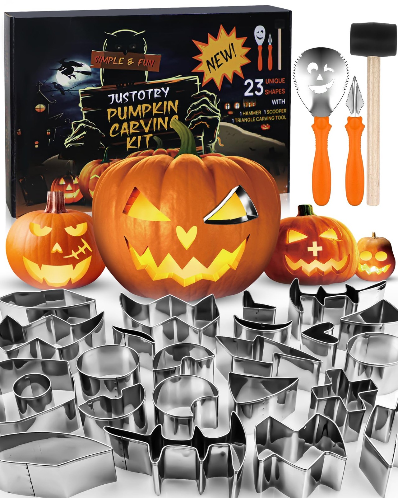 JUSTOTRY Pumpkin Carving Kit - 26 PCS ( with hammer ), 23 Molds 3 Tools