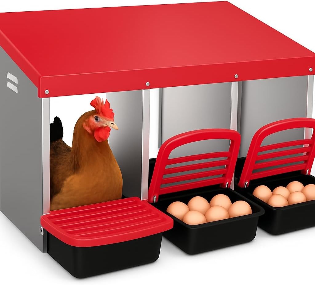 Chicken Laying Box 3-Compartment Metal Chicken Nesting Box with Egg Collection