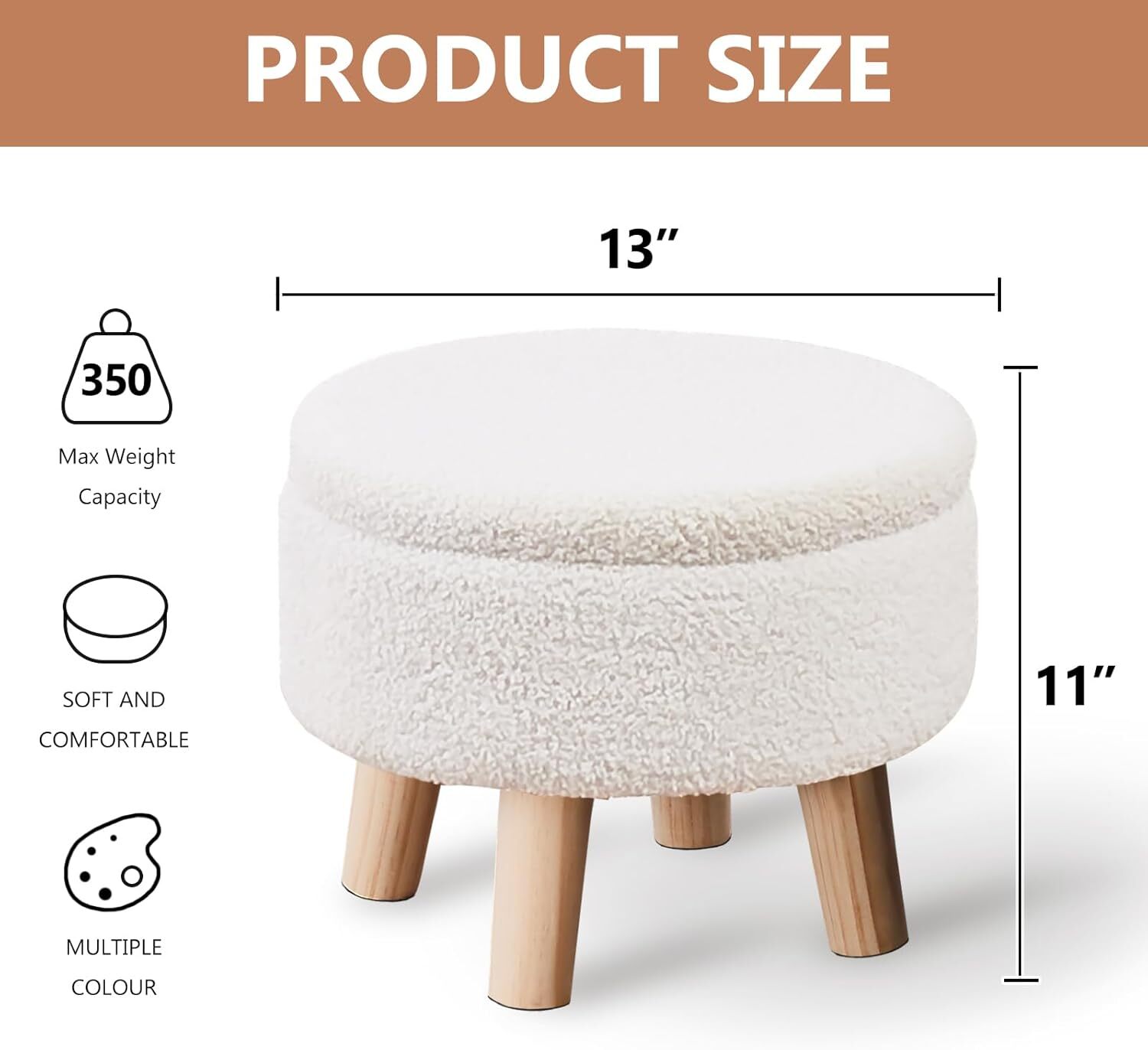 Storage Ottoman, Round Footstool with Upholstered Seat Cushion, (Cream)