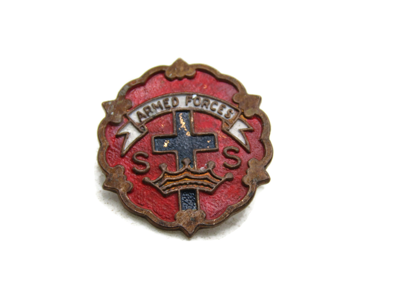 Armed Forces S.S. Lettered Pin Vintage Cross Center Red & Gold Tone