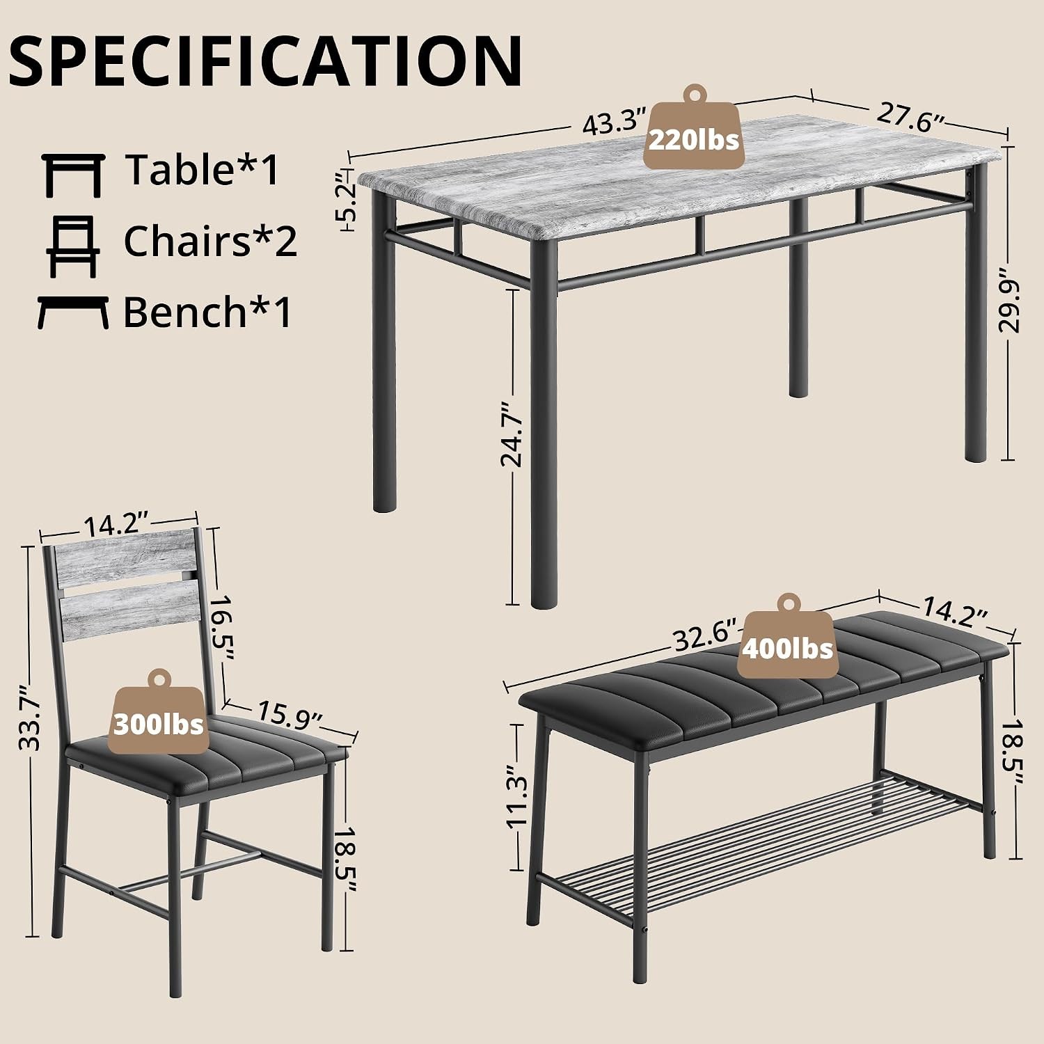 Dining Table Set 4 Kitchen Table W/ Upholstered Bench & 2 Chairs Kitchen Table &