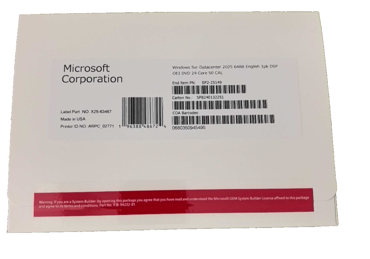 Win Server Datacenter 2025 64-Bit DVD 24 Core 50 DAL Brand New + Free Shipping
