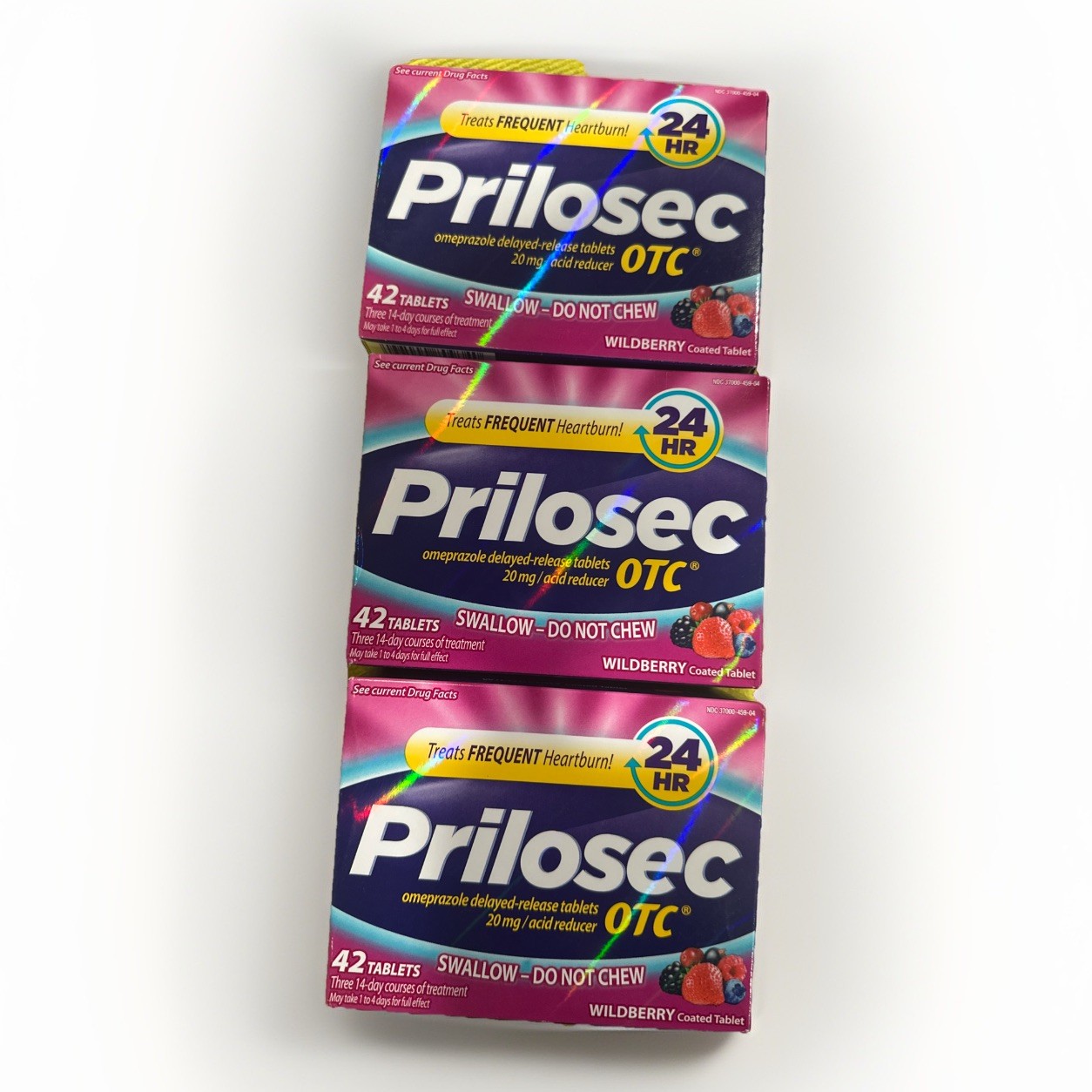 3~Boxes Prilosec OTC 20 mg 42 Tablets per Box Wildberry Flavor expires 06/2026+