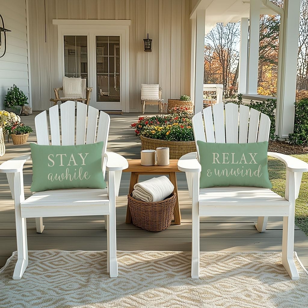 Set of 2 Farmhouse Decorative Pillow Covers - 12x20 Green for Indoor & Outdoor