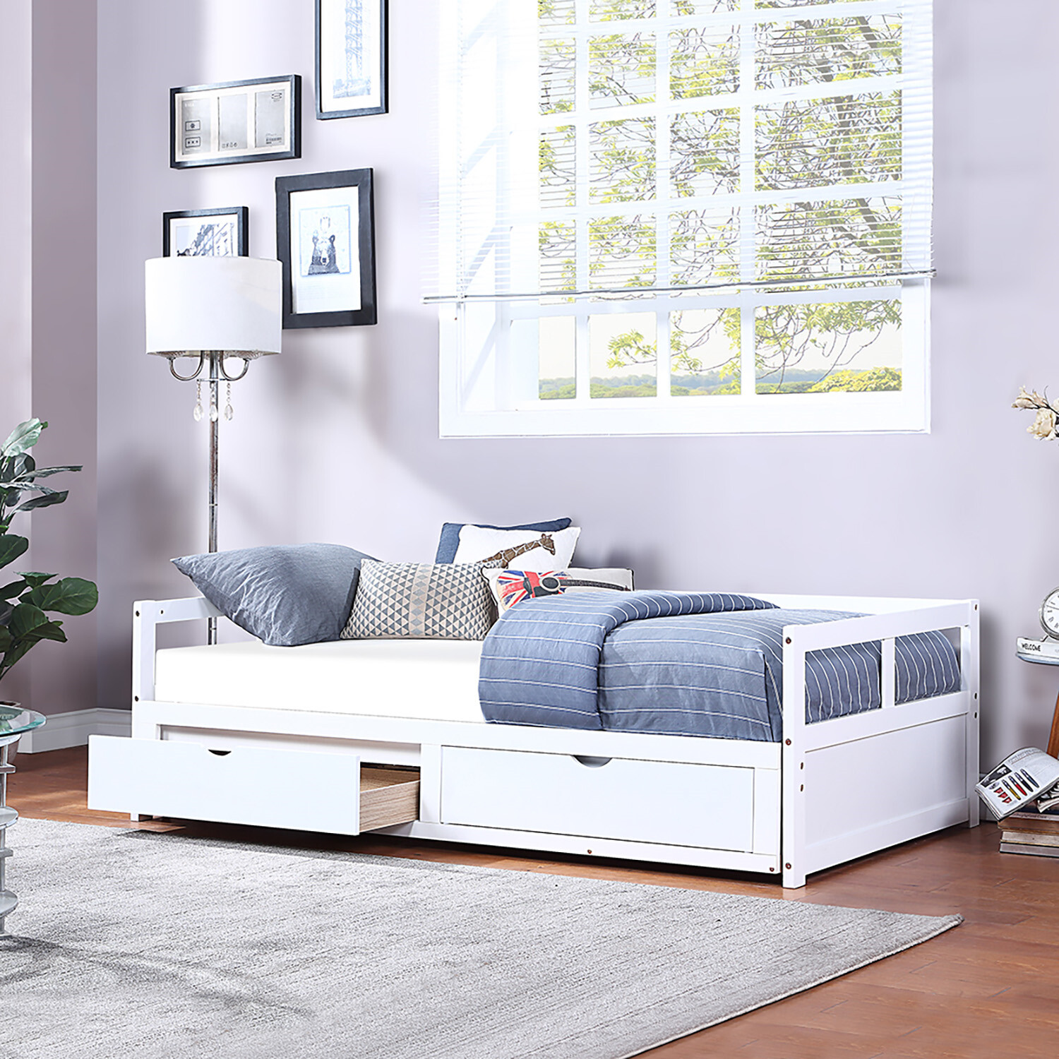 Twin Size Daybed Bed Frame Sofa Bed with Trundle & 2 Drawers White/Gray/Espresso