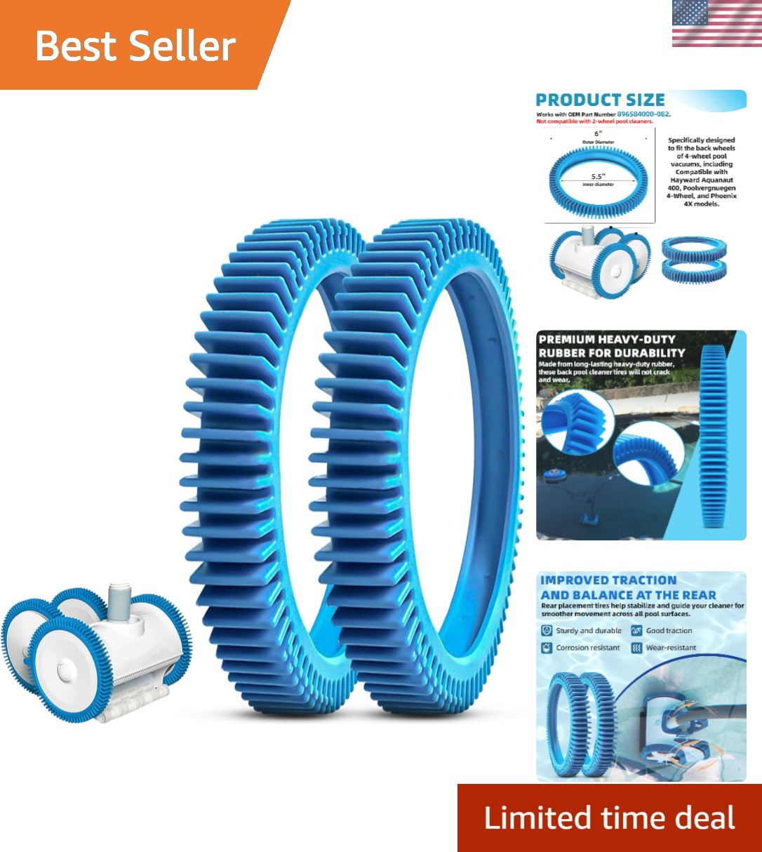 2-Pack Back Tires for In-Ground Pool Vacuums - Compatible with Hayward