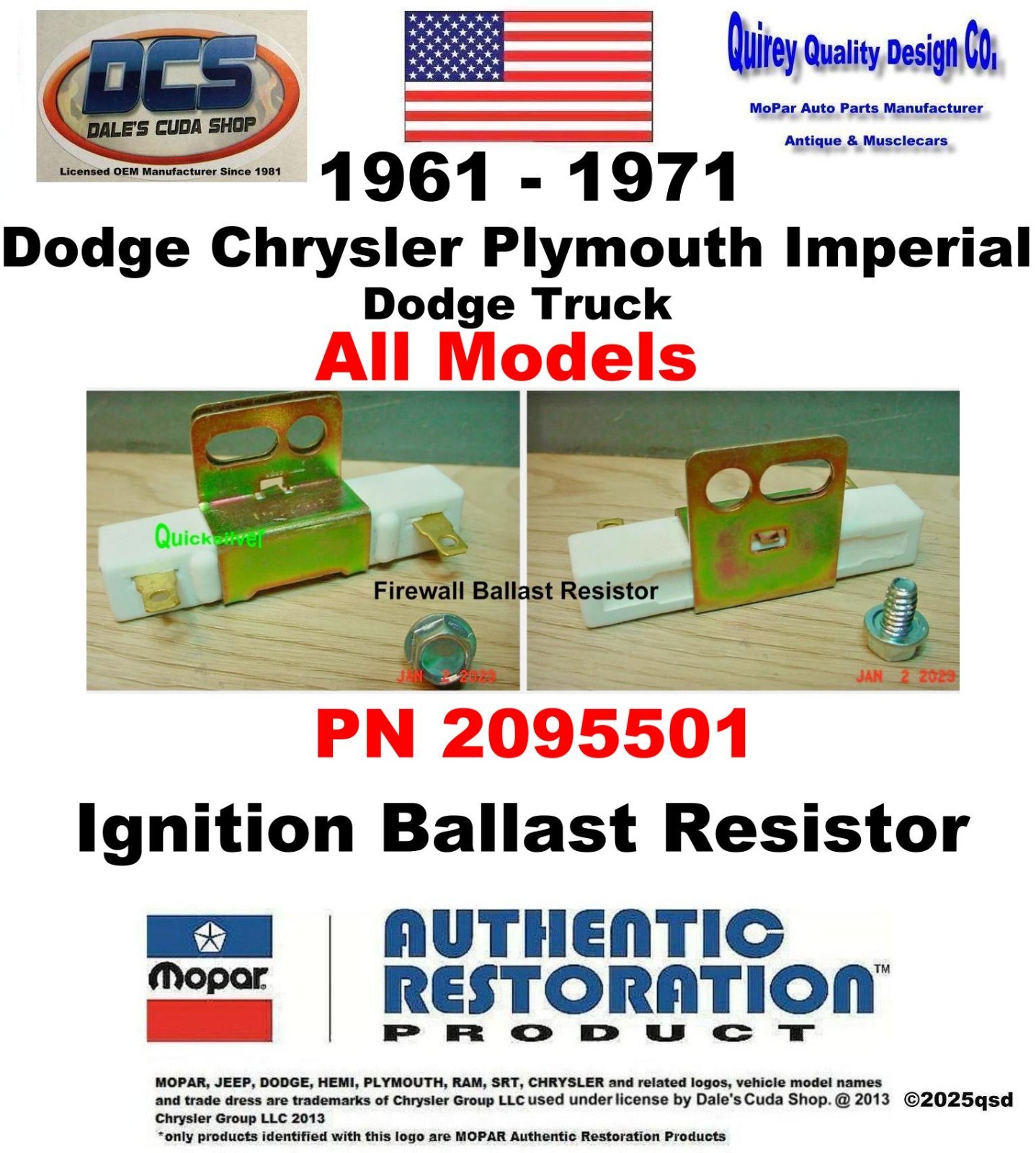 1961 - 71 All Chrysler Makes Models Concourse Ballast Resistor 2095501 MoPar USA