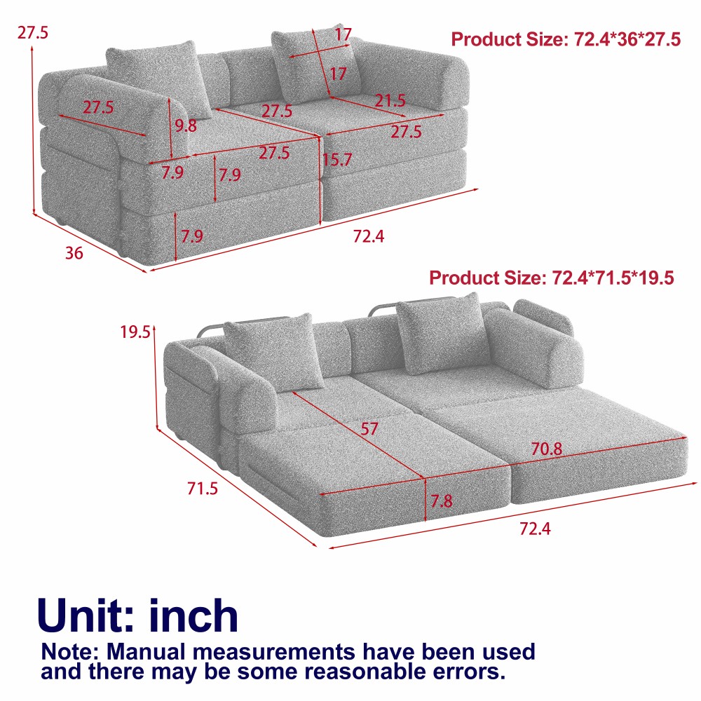 72.4" Convertible Sofa Bed w/ Storage Pockets, Black Chenille Fabric