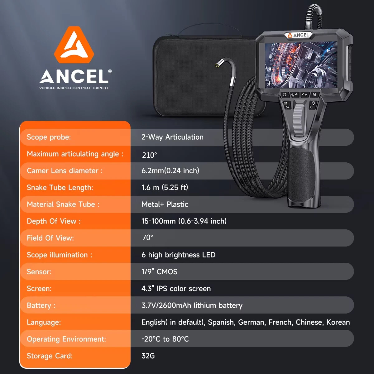 ANCEL Borescope Inspection Camera 360° Endoscope Camera with Screen 4.3inch LCD
