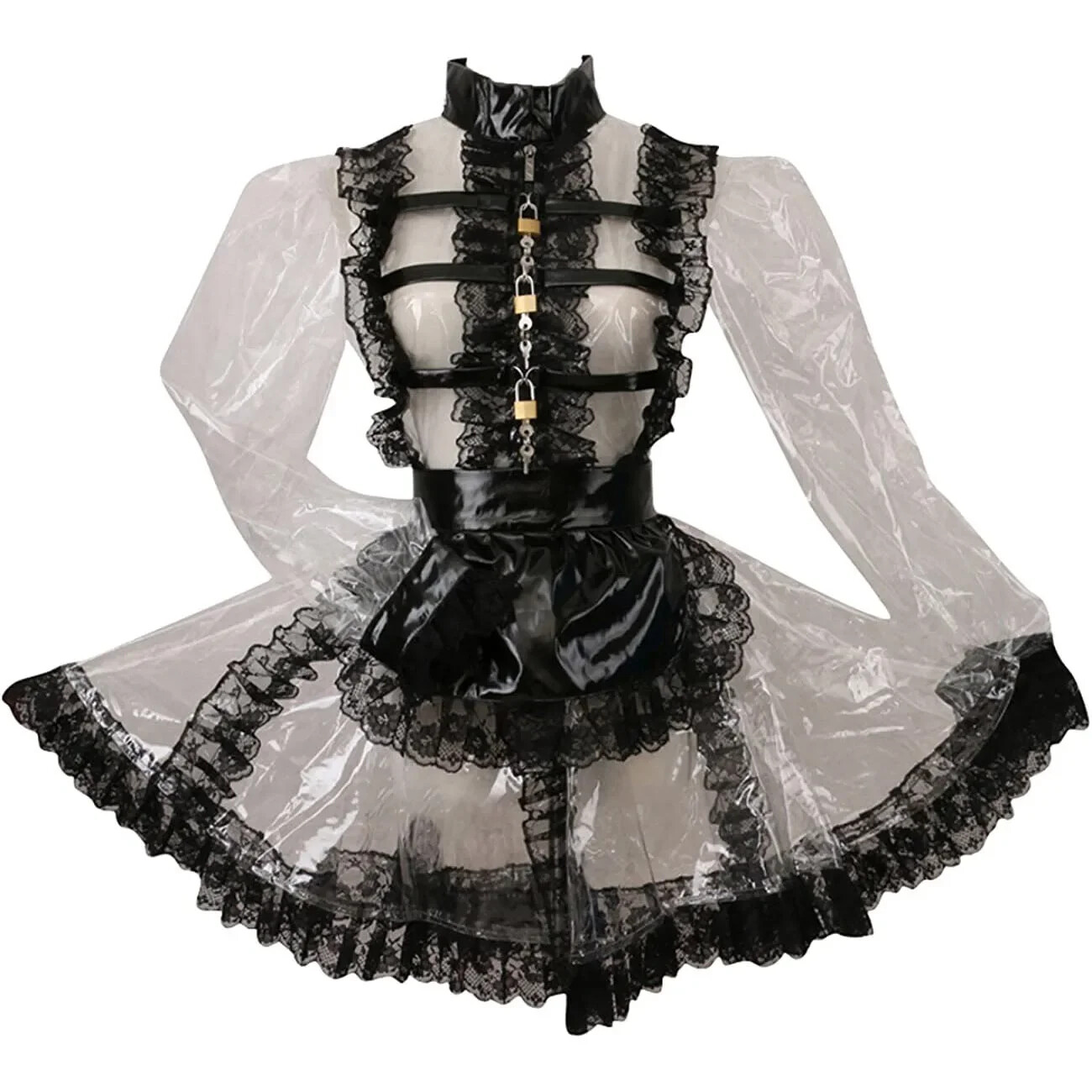 Lockable French Maid Outfit Clear PVC Plastic Sexy Long Puff Sleeve Maid Dress