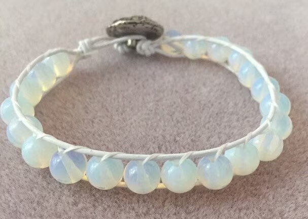 HANDMADE Moonstone Bracelet 8” Single Leather Wrap Bracelet Opalite