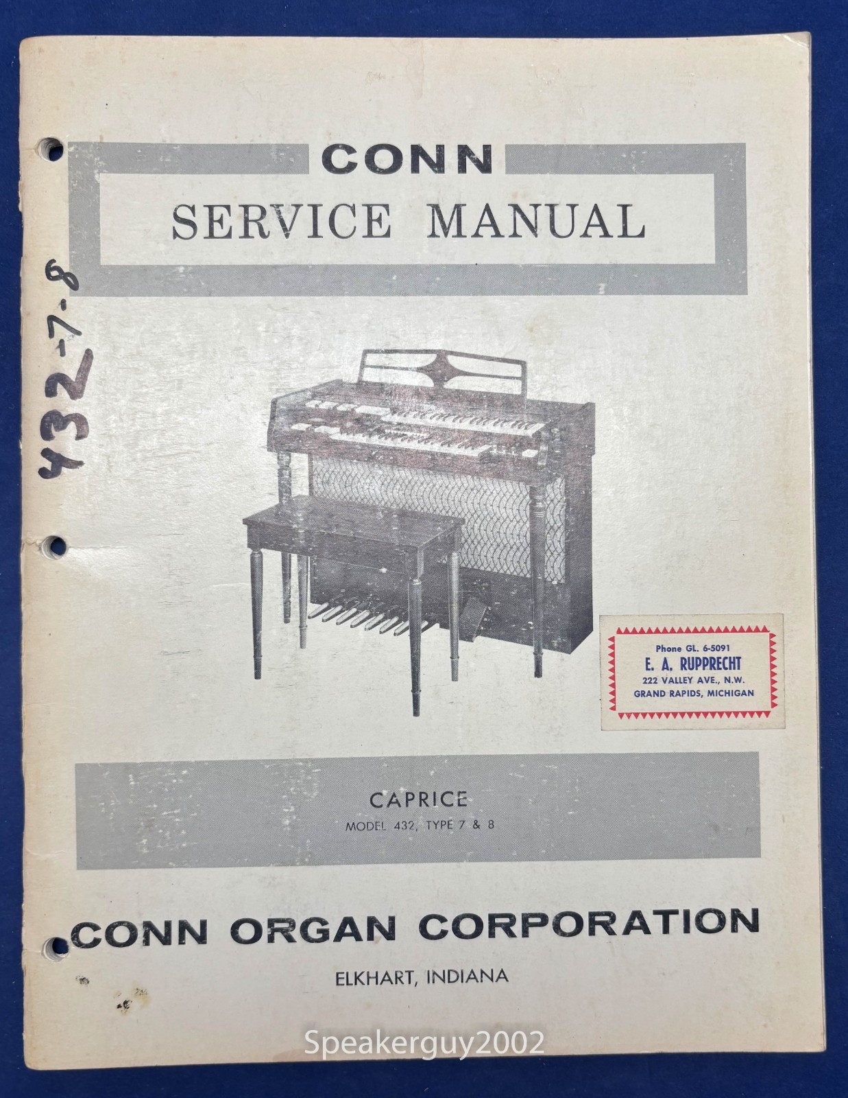 Original Conn Organ Service Manual / Caprice 432 Type 7 & 8 -- CS2