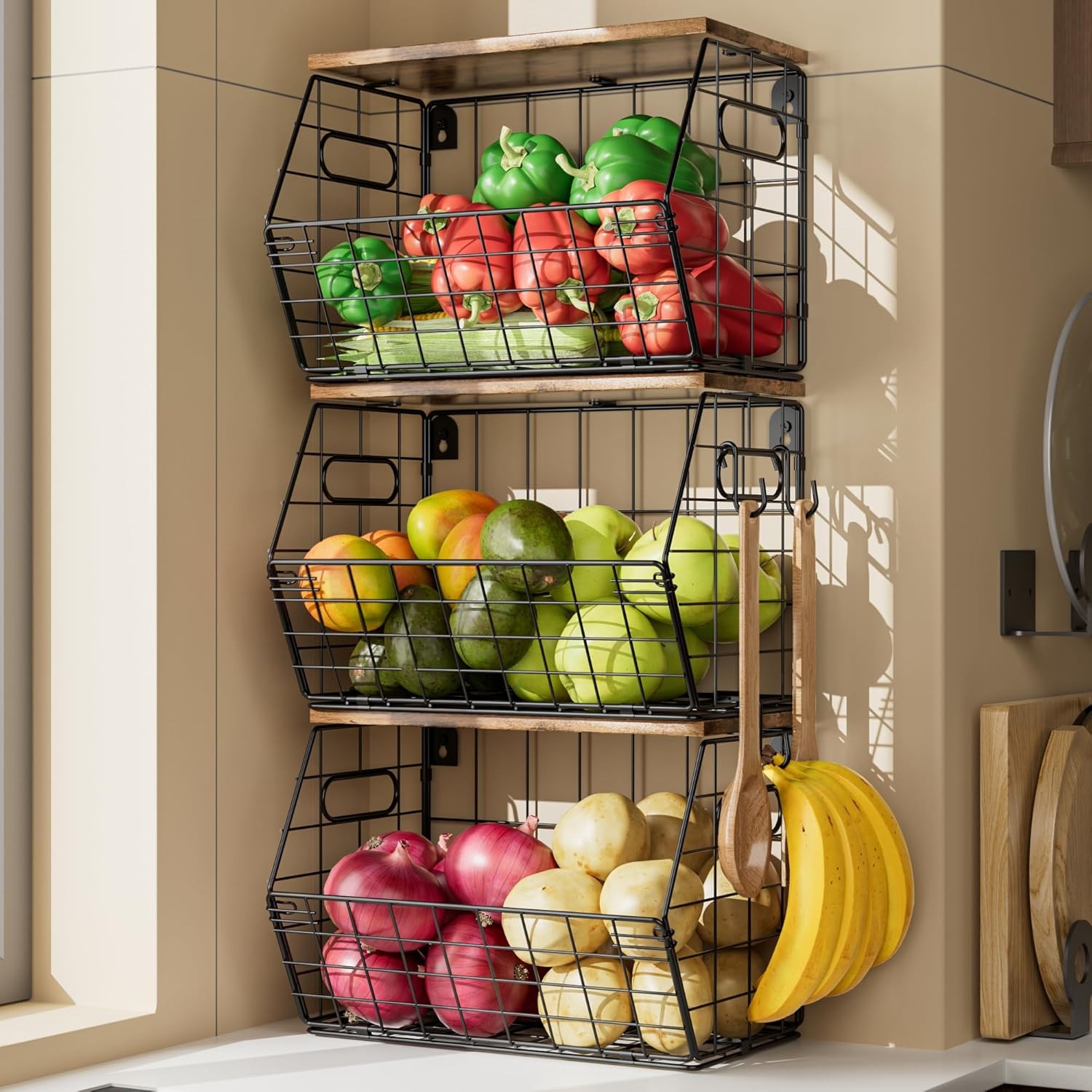3 Pack Stackable Metal Fruit Basket with Wood Lid Hanging Wall Organizer Black