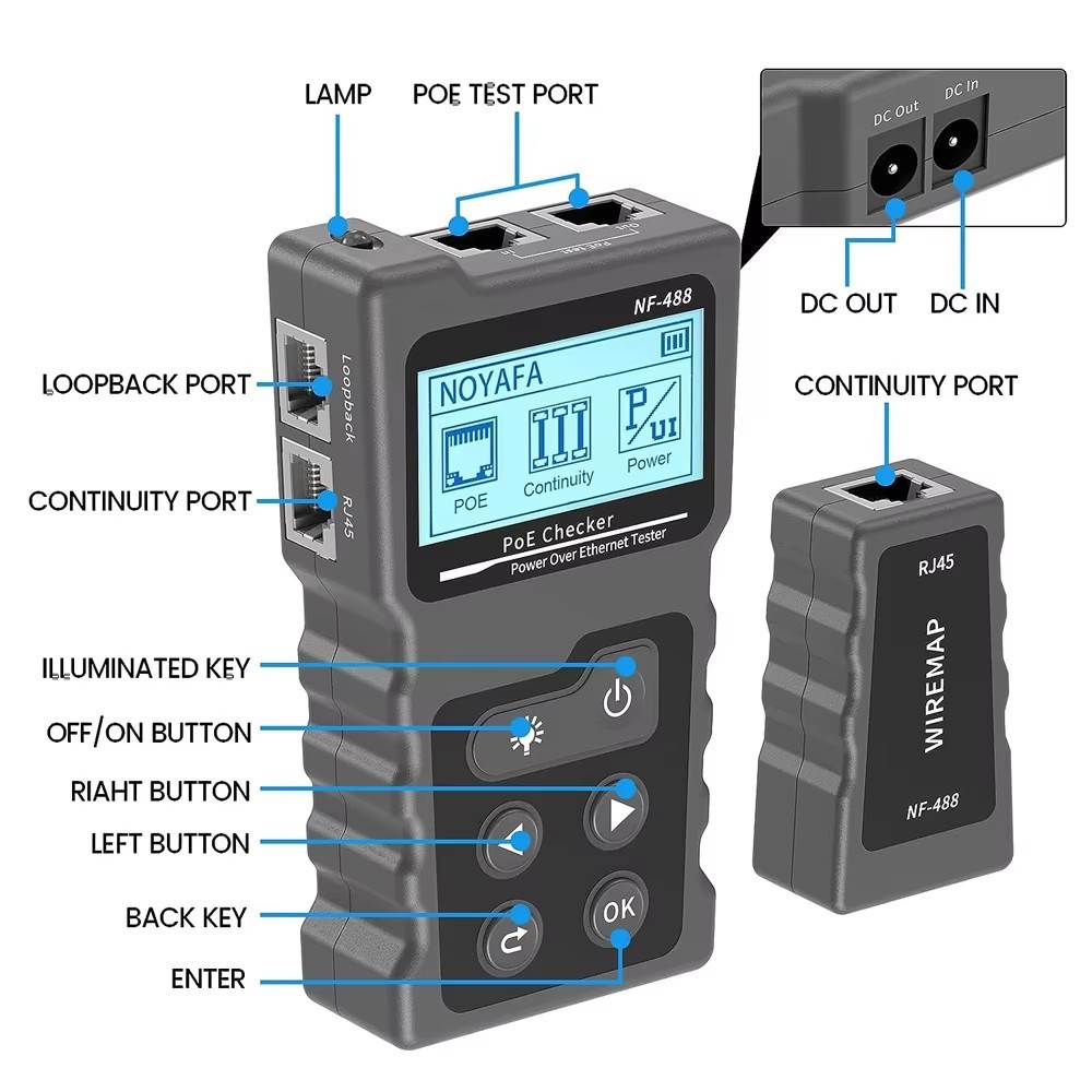 NF-488 Network Cable Tester Poe Checker Continuity Tester Loop-Back Test