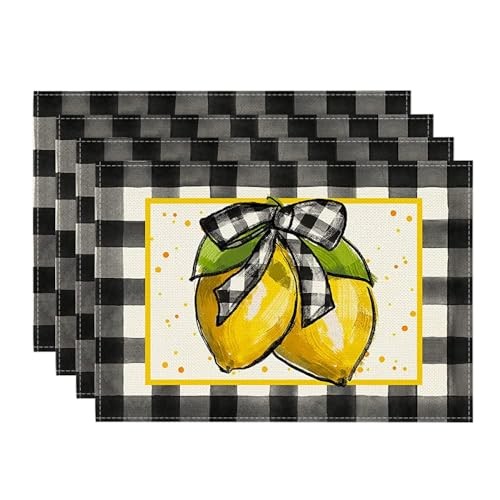 Buffalo Plaid Lemon Placemats for 12" x 18", Placemats Set of 4 Black/White