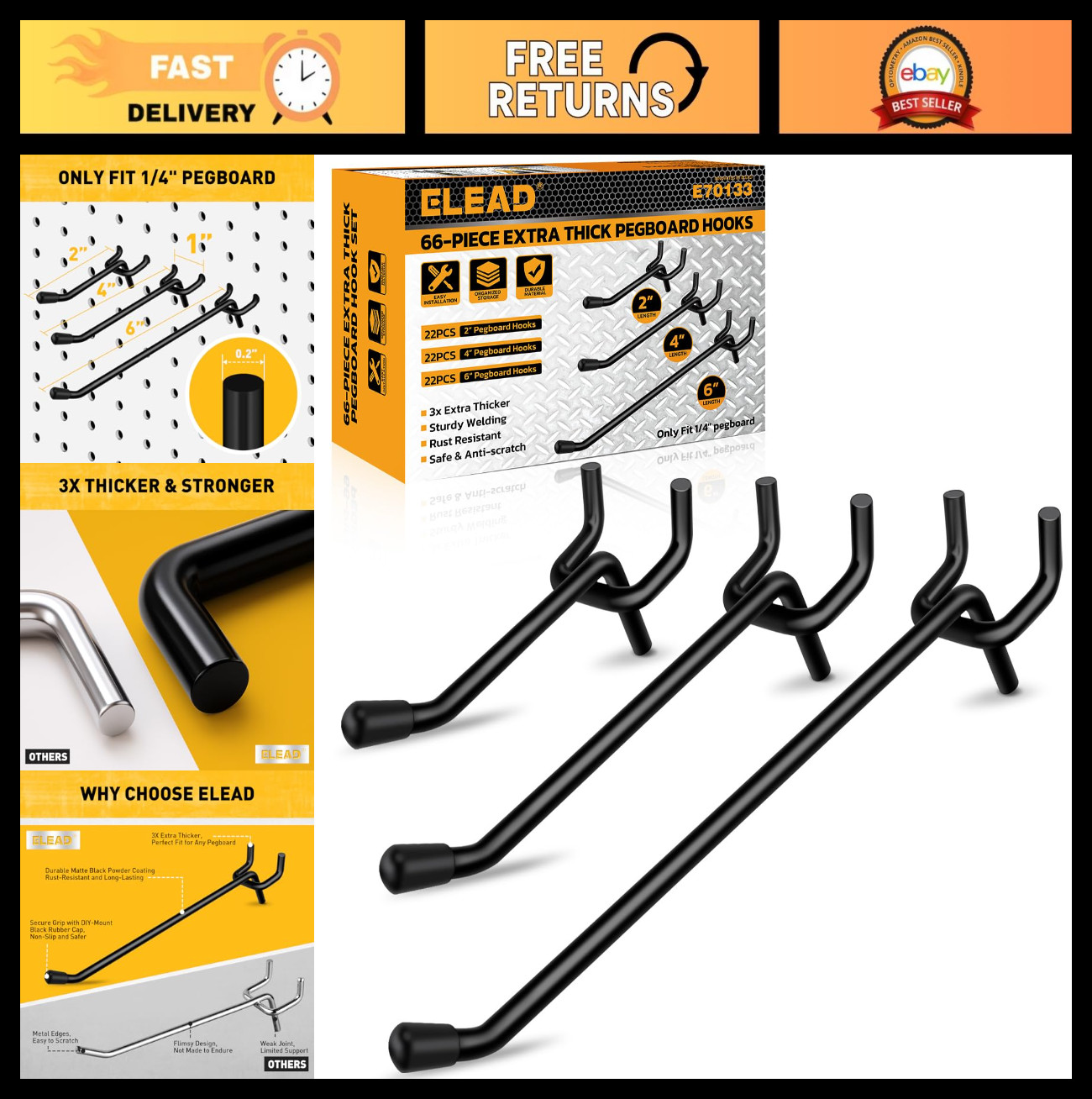 66-Piece Heavy Duty Pegboard Hooks Set - Extra Thick Tool Organizers for Garage