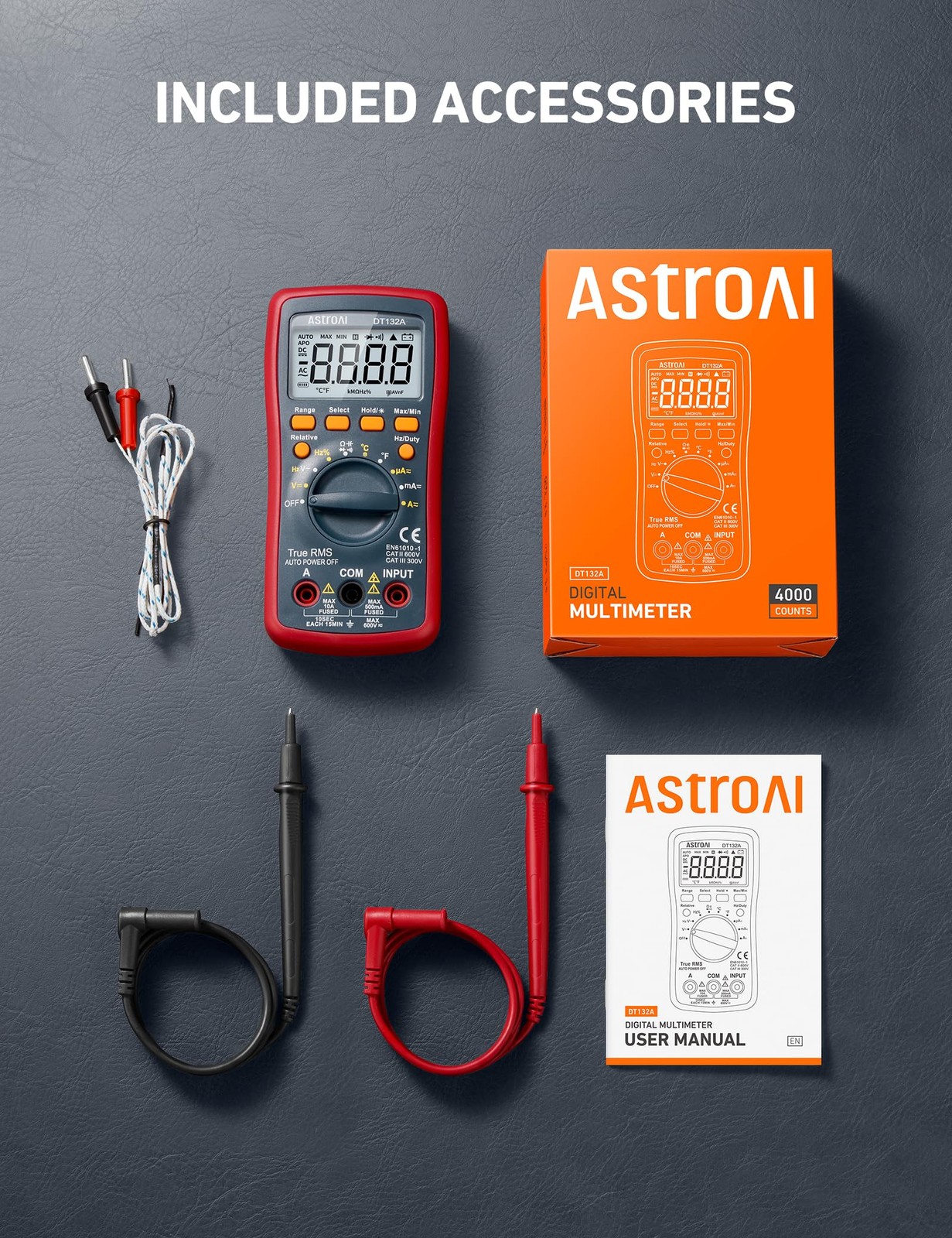 AstroAI Digital Multimeter TRMS 4000 Counts Manual Auto Ranging Red