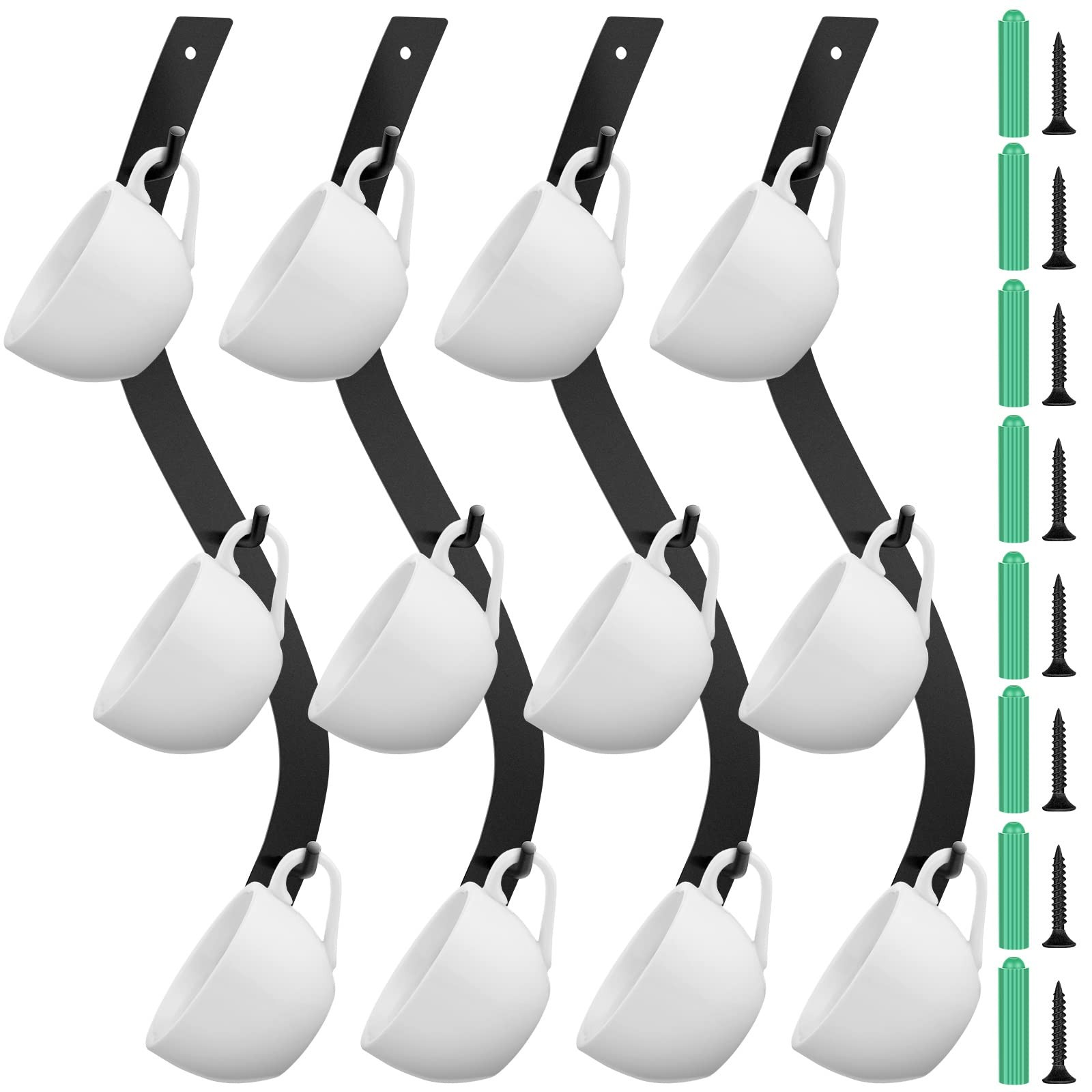 4 Pack Coffee Mug Wall Rack Mounted with 12 Hooks S Curve Metal Coffee Cup Ra...