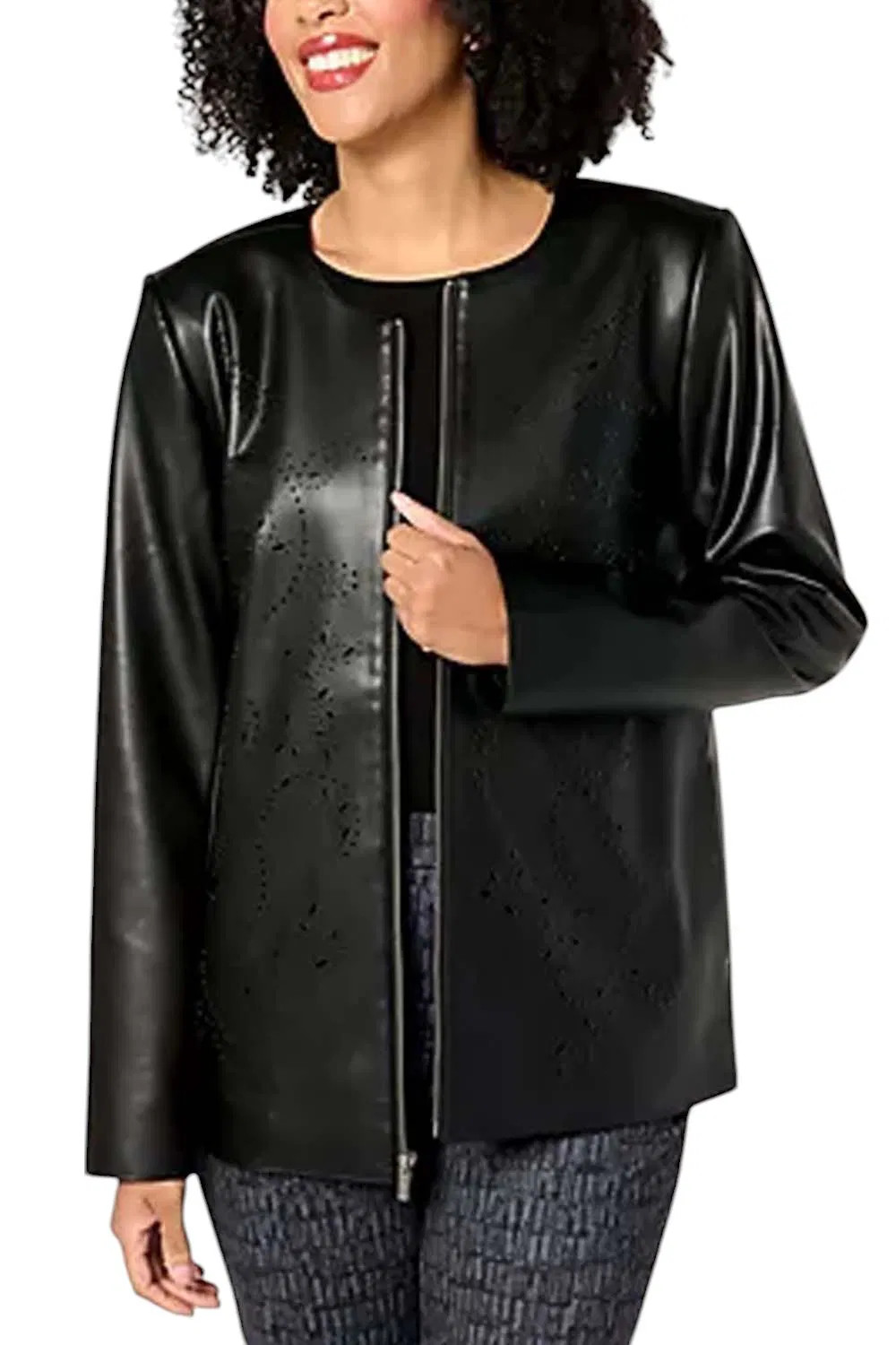 Susan Graver Women's Faux Leather Jacket w/ Laser Cut Detail Black