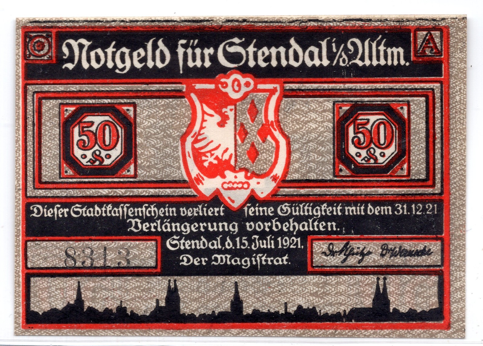 1921 Germany Stendal Notgeld 50 Pfennig Note (3052)