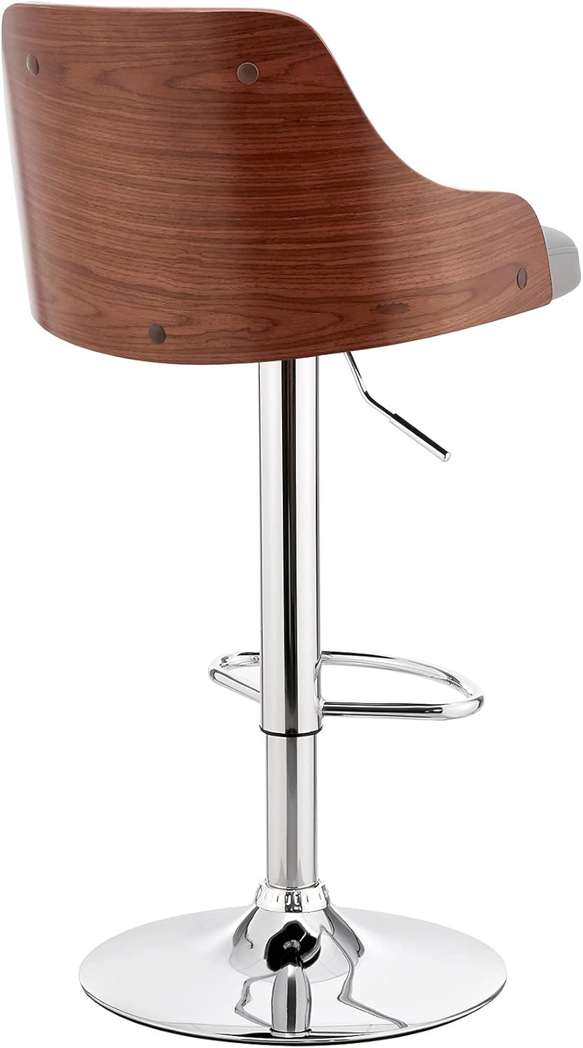 Modern Adjustable Gray Faux Leather Bar Stool with Walnut Wood Base