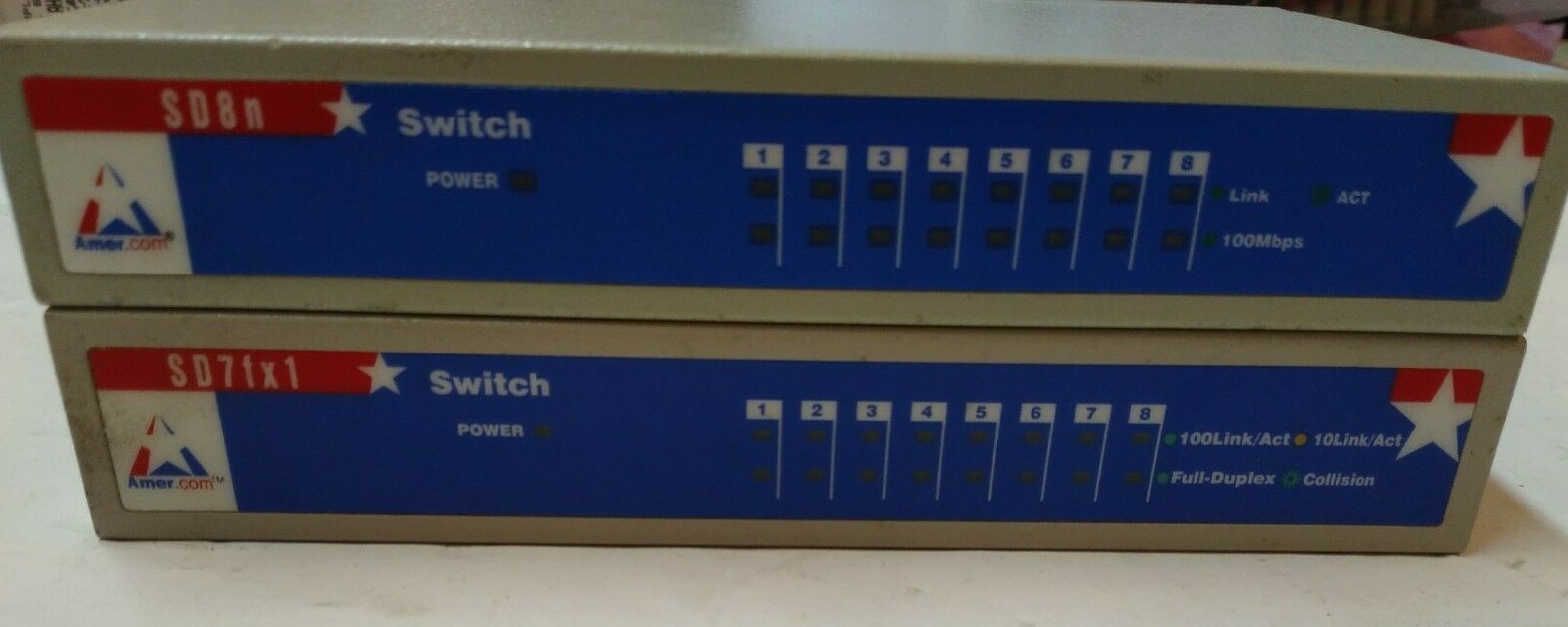 Lot of 2 Amer Networks SD8N SD7FX1 8-Port Desktop 10/100Mbps Ethernet Switches
