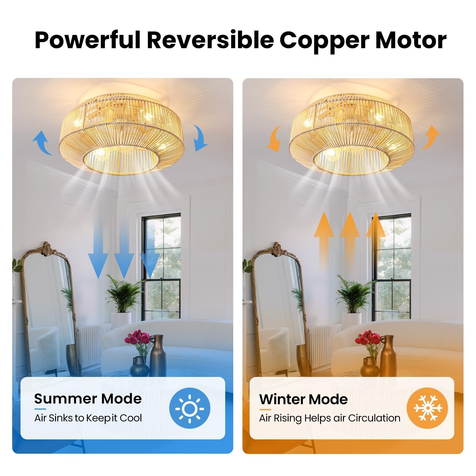 20" Boho Rattan Ceiling Fan with Lights, Flush Mount Caged Ceiling Fan with R...