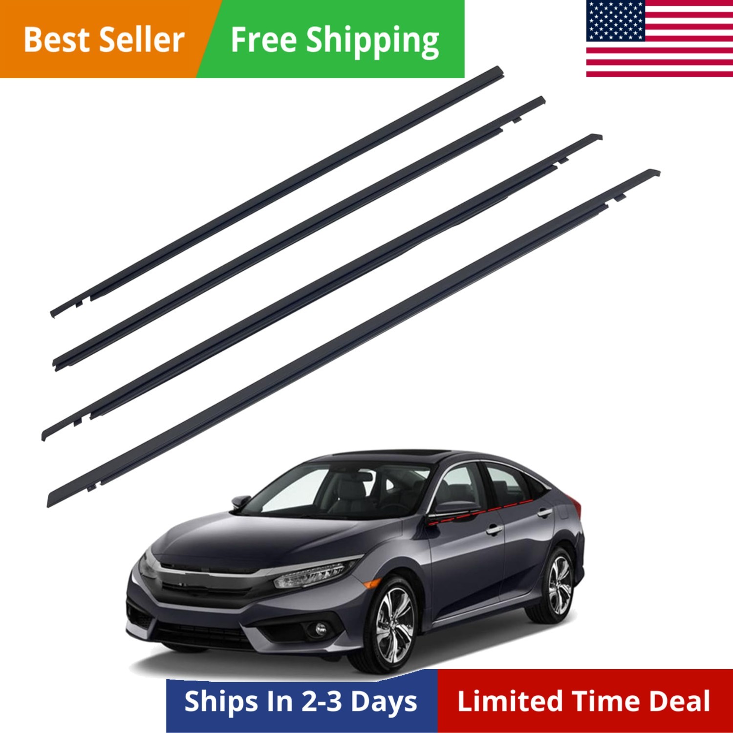 Window Weatherstrip Compatible with Honda Civic Hatchback 2016-2019 Replaces ...