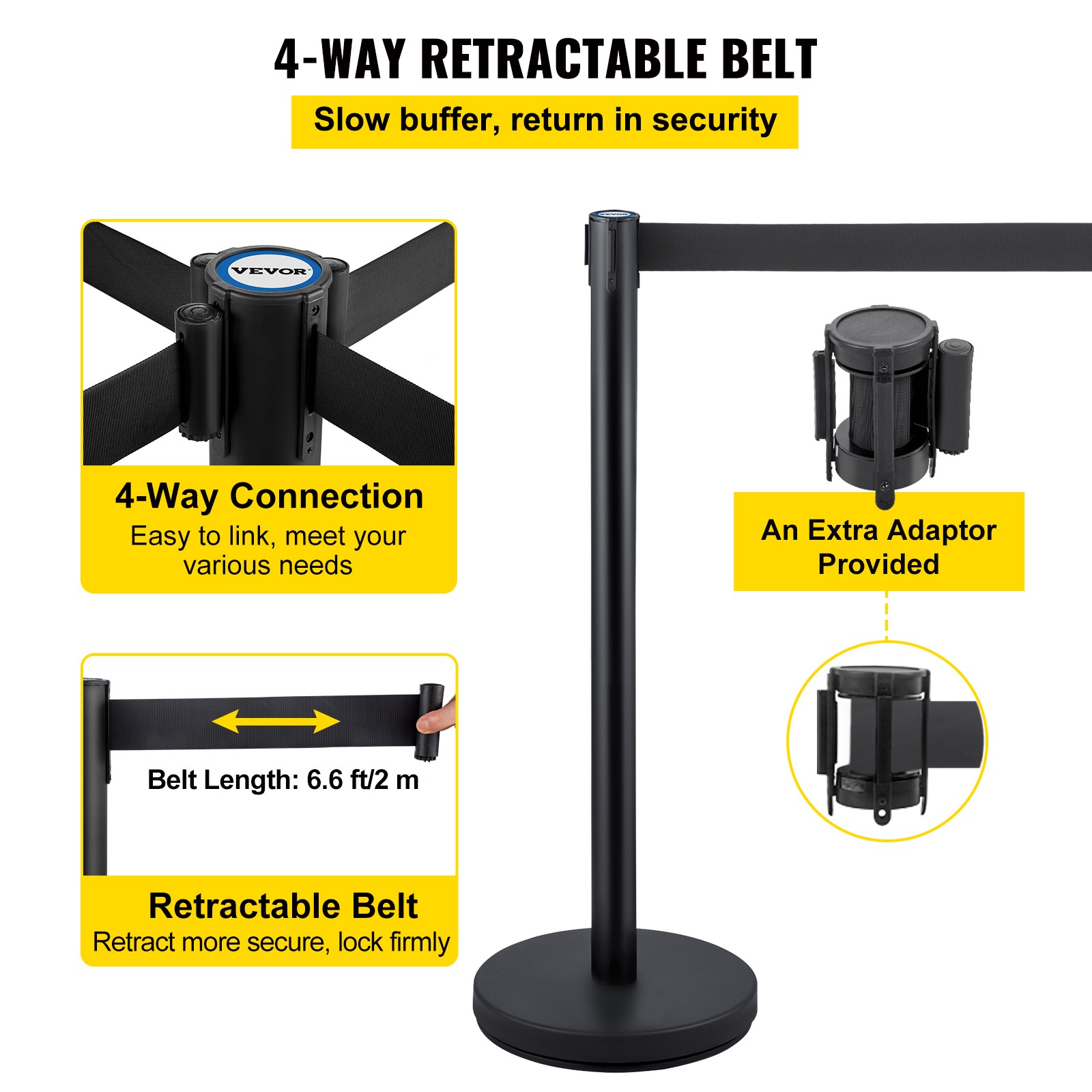 6Pack Crowd Control Barrier Queue Poles Black Retractable Belt Stanchion Posts