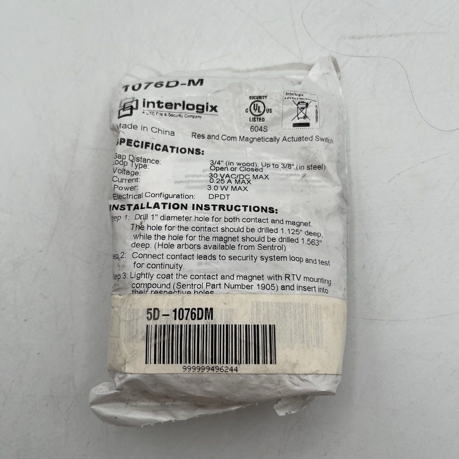 BRAND NEW!! Interlogix Recessed Steel Magnetic Door Contact DPDT - 1076D-M
