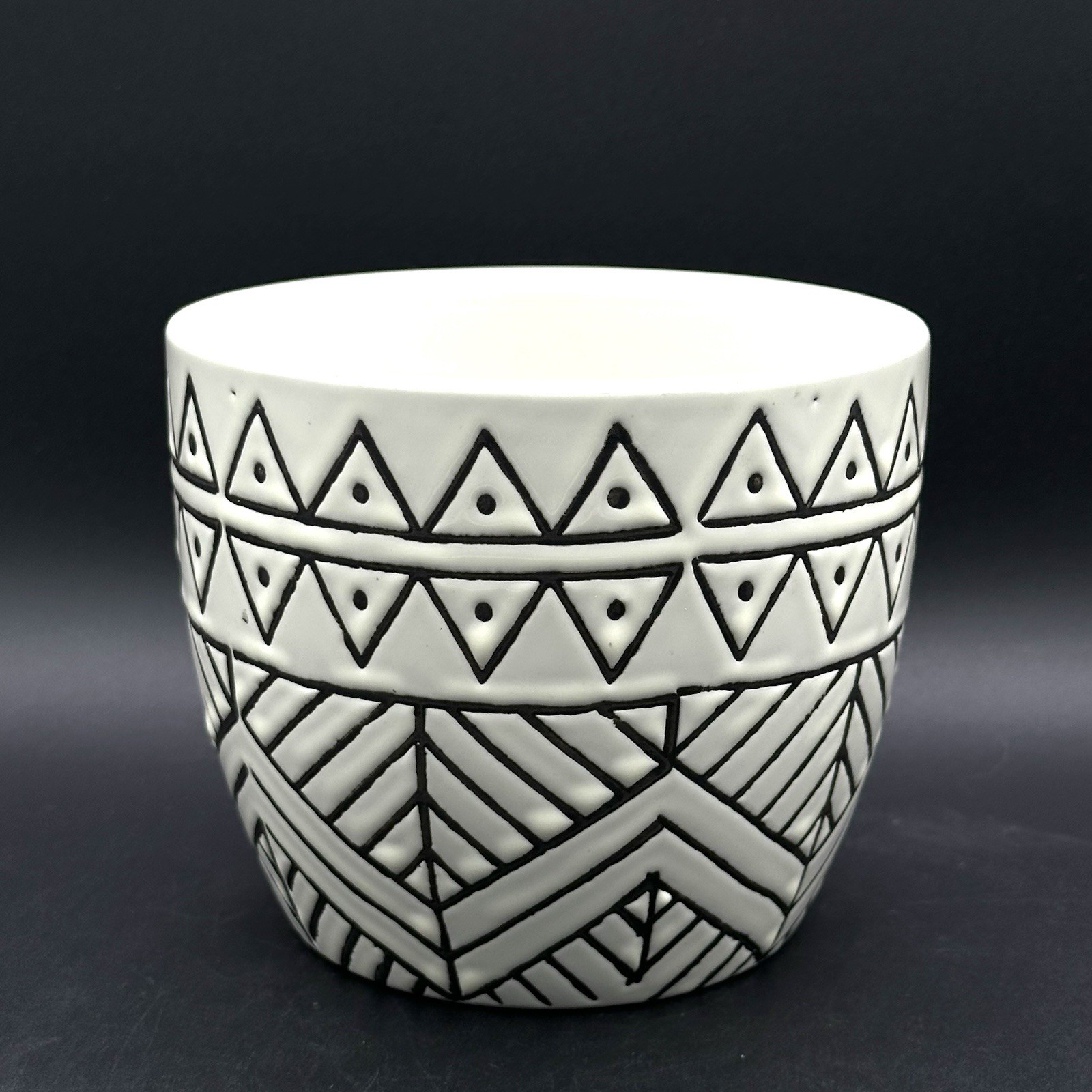 Small Ceramic Planter Cream With Dark Gray Geometric Shapes 4.5 X 5.5 Inches