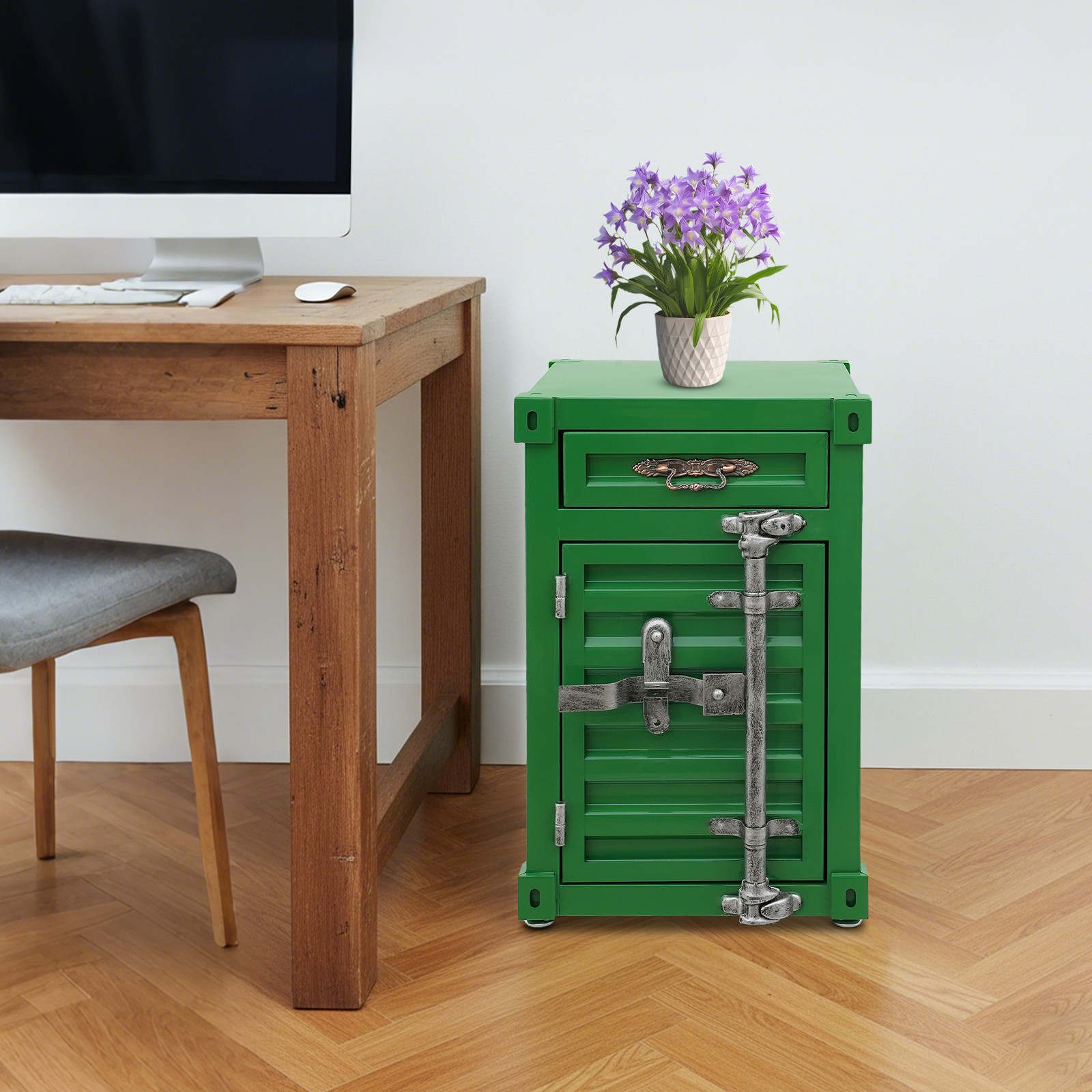 Industrial Metal Container Side Table, Container Style Side Table with Drawer