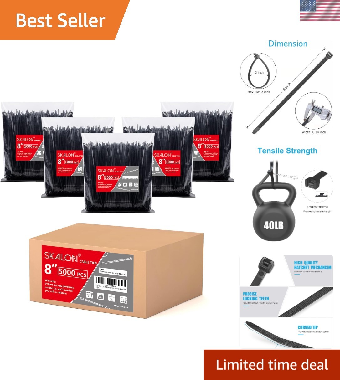 5000 Pack Black Zip Ties 8 inch - 40lbs Tensile Strength for Indoors/Outdoors