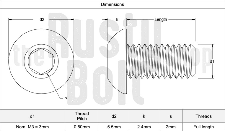 M3 x 3mm, Socket Button Head Screws, A2 304 18-8, Stainless Steel