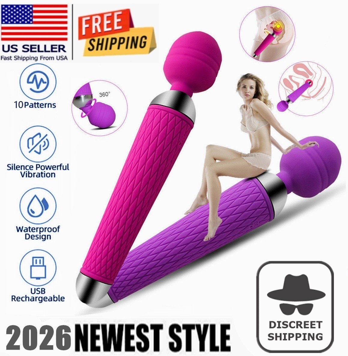 Rechargeable G-spot Clit Powerful AV Vibrator Dildo Massager Sex Toy Women Adult