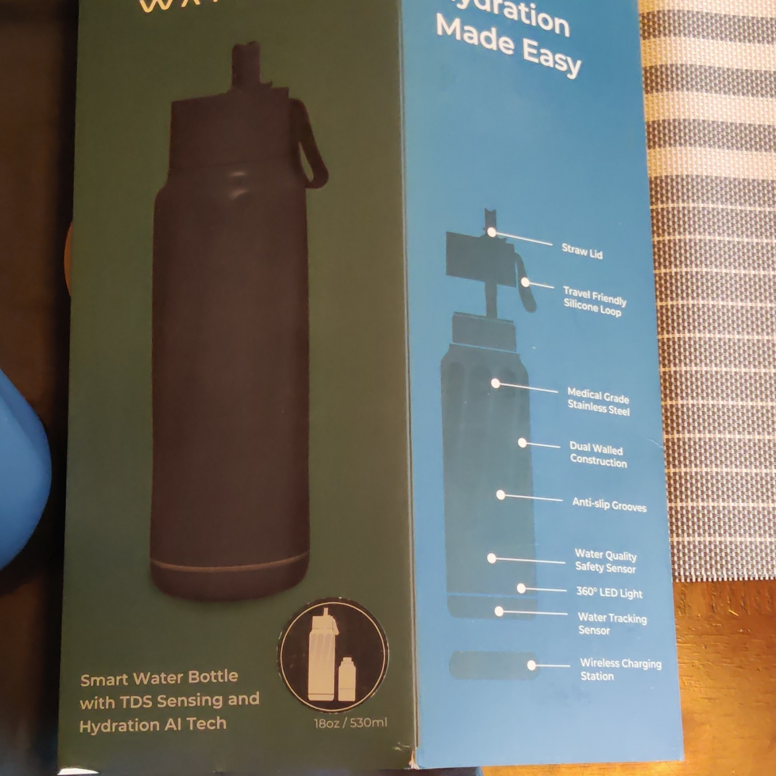 WaterH Smart Stainless Steel Water Bottle 18oz Magnetite Blue Straw Lid Wireless