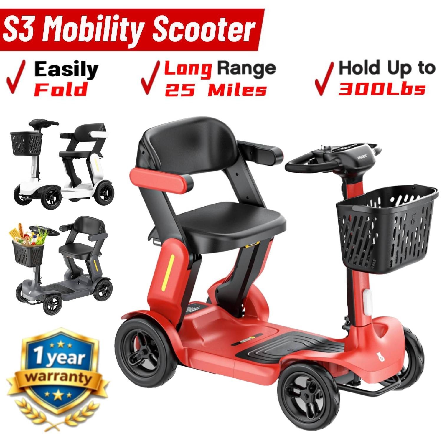 PAISEEC 4 Wheel Folding Mobility Scooter Electric Power Wheelchairs Long Range