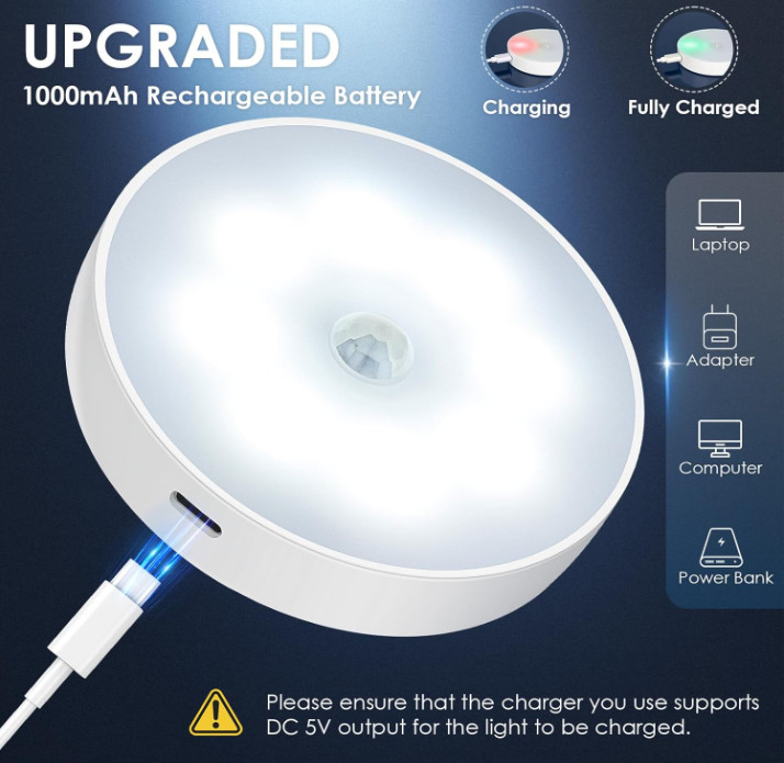 Pack 4 Luces LED Puck con Sensor Movimiento Recargables Control Remoto USB