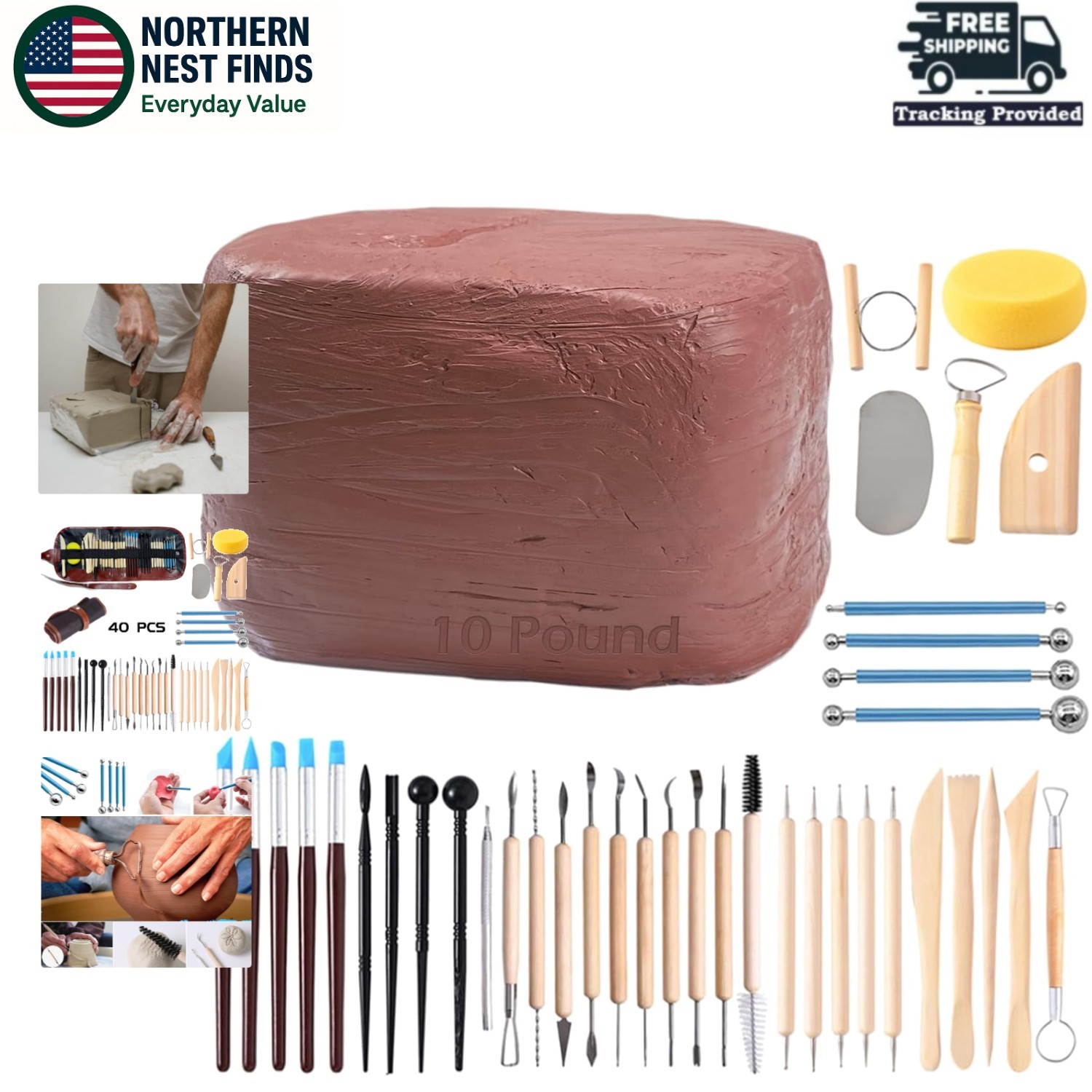 Creative 10LB Natural Modeling Clay + 40 Durable Tools for Pottery Lovers