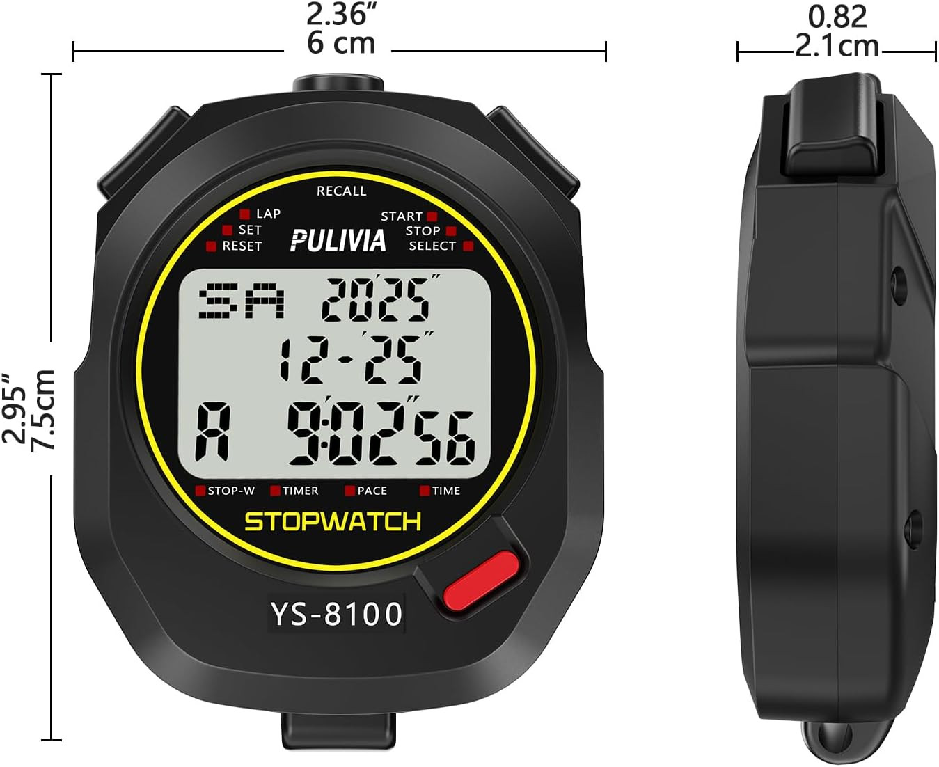 Digital Stopwatch Timer with Multi Splits/Laps and Large Display - Black