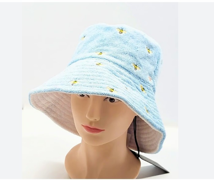 JOCELYN French Terry reversible packable bees women's bucket hat - BLUE / WHITE~