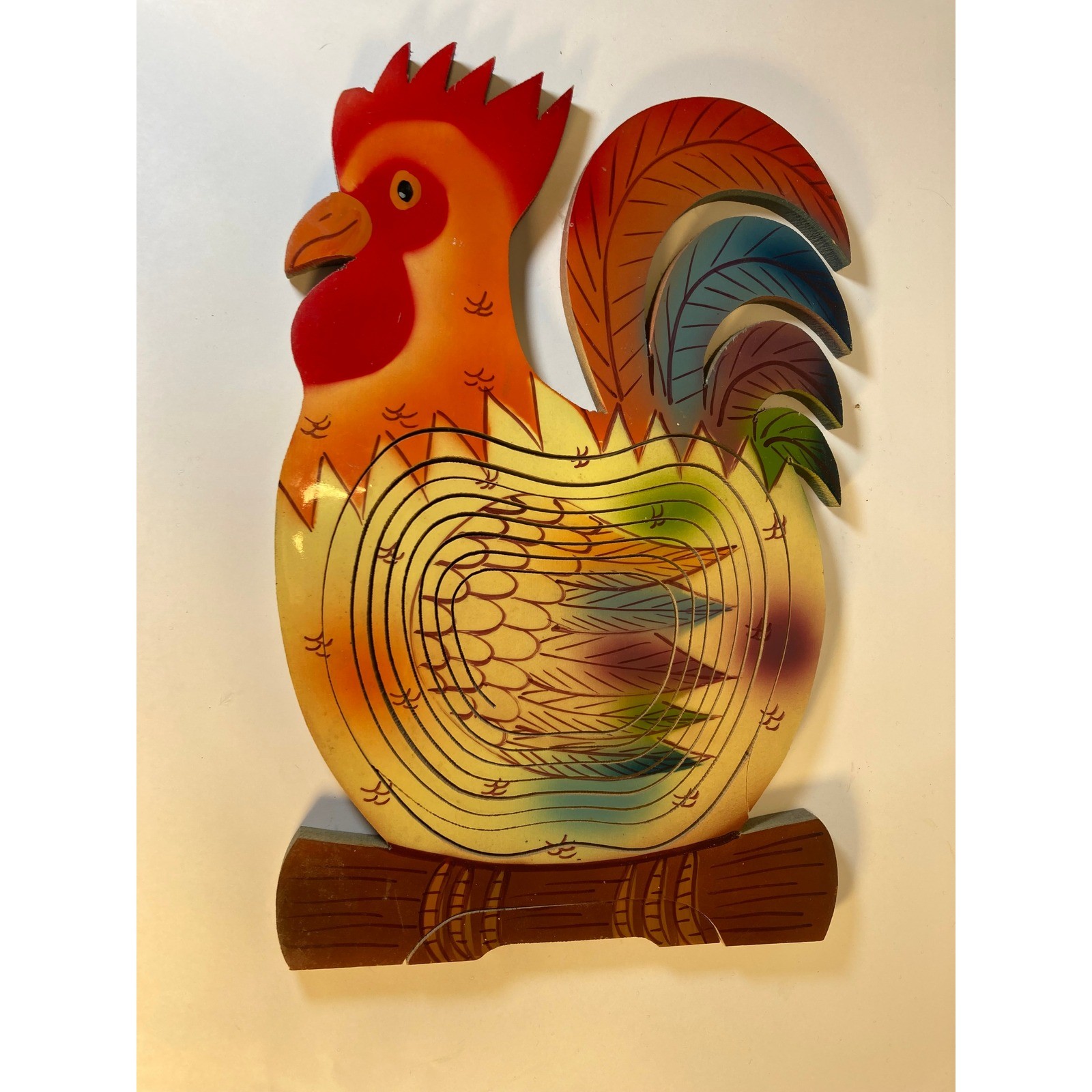 Vintage Wooden Rooster Collapsible Fruit Basket Hand Painted Folk Art 15 Inch